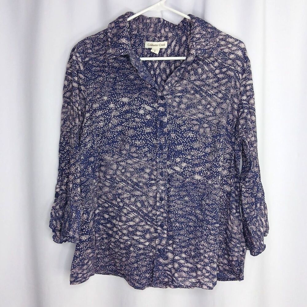 Coldwater Creek Button Front V-neck Blouse Top Collar Abstract Purple Womens XL